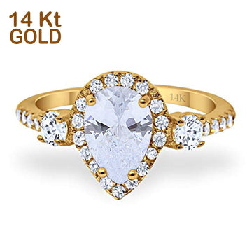 14K Yellow Gold Three Stone Halo Teardrop Pear Fashion Bridal Wedding Engagement Ring Simulated CZ